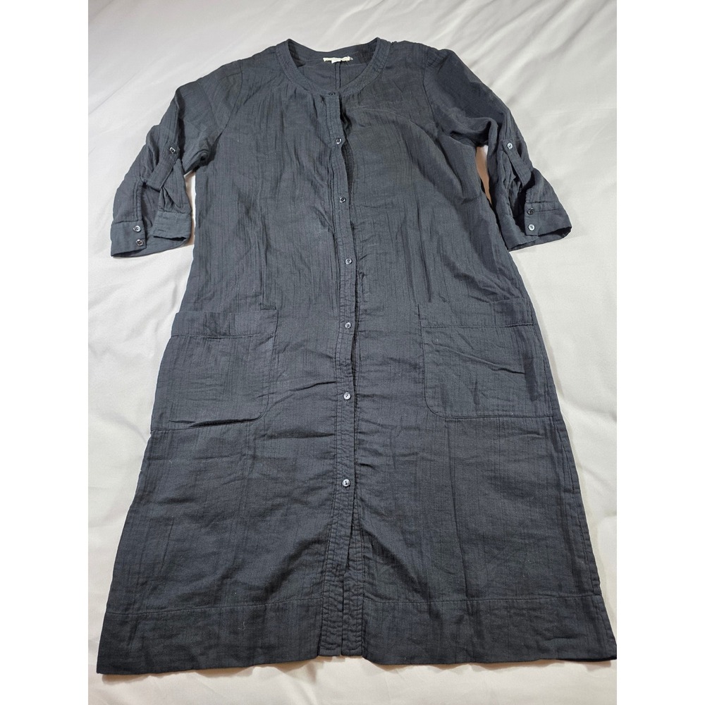 Eileen Fisher Shirt Dress Women Small Black Organic Gauze Cotton Roll Tab Pocket